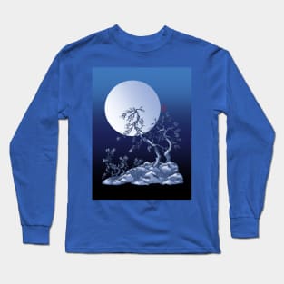 blue sumiE ink and watercolor japanese pine trees under a full moon Long Sleeve T-Shirt